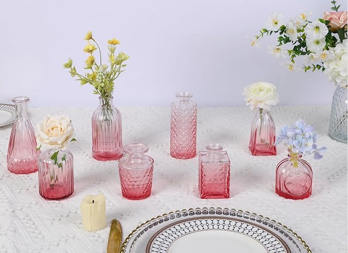 12 Pack Pink Glass Bud Vase Set, Small Vintage Vases for Centerpieces, Decorative Flower Vases for Wedding Home Table Decor