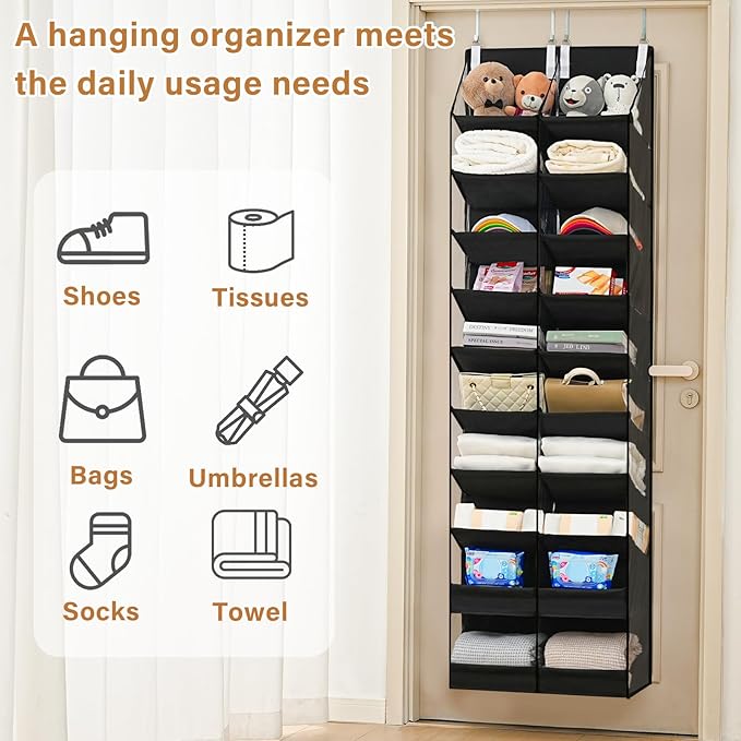 20-30 Pairs Over the Door Shoe Organizer,Side Clear Hanging Shoe Organizer,10-Tier Shoe Storage with 2 Flat Storage Layers,Door Shoe Organizer Fit All the Family’s Sneakers, Boots, Heels,Black
