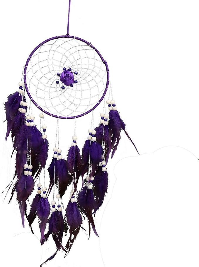 Handmade Dream Catchers Wall Decor,Boho Feather Dreamcatcher with Natural Elements,Unique Home Decor Gift for Bedroom, Living Room (Purple 27.6in)