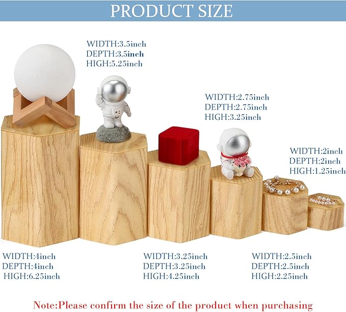 Jetec 12 Pcs Hexagonal Jewelry Display Risers Hexagonal Market Display Risers Stands Acrylic Showcase Acrylic Stand for Jewelry Model Figures Decoration, 6 Sizes (Woodgrain)