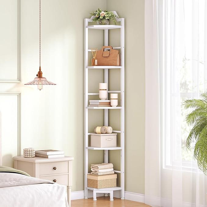 HOOBRO Narrow Corner Shelf Stand, 5-Tier Corner Shelf, 63” Tall Multipurpose Corner Bookshelf, Standing Display Shelf Plant Stand, for Living Room, Study, Kitchen, White WW100CJ01
