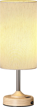 EZVALO Cordless Table Lamp, Ambient Light, Dimmable, Touch, Timer, 2700K, Bedroom, Portable, LED, Wireless, Rechargeable, Battery Operated, Desk Lamp, Fabric Shade, Wood-Grain Finish, Living Room