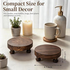 Romadedi Farmhouse Wood Riser for Display- 2 pcs Rustic Decor Mini Wooden Pedestal Decorative Round Tray for Home Table Bathroom Counter Shelf Kitchen, Brown