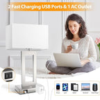 3 Color Temperatures Touch Control Table Lamps Set of 2, Stepless Dimmable Bedside Lamps with 2 USB Ports&AC Outlet, Modern Nightstand Lamps for Bedroom Living Room, Bulbs Included, Silver&White