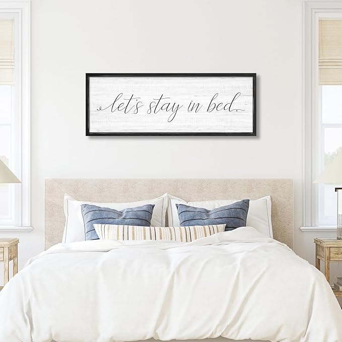 Lets Stay in Bed Wall Decor Above Bed 41.3''×15'' Large Farmhouse Wall Decor for Bedroom Guest Room Decor Framed Wood Wall Art Rustic Master Bedroom Wall Decoration (black frame)