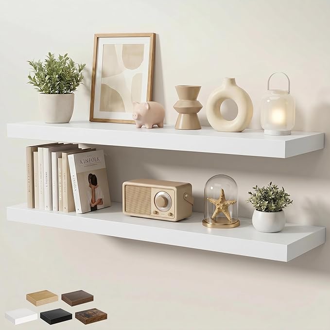 Floating Shelves for Wall 48 in x 9.3 in Deep, Wall Mounted Rustic Wood Shelf with Invisible Brackets for Storage & Display, Living Room Bedroom Bathroom, White, 2 Pack