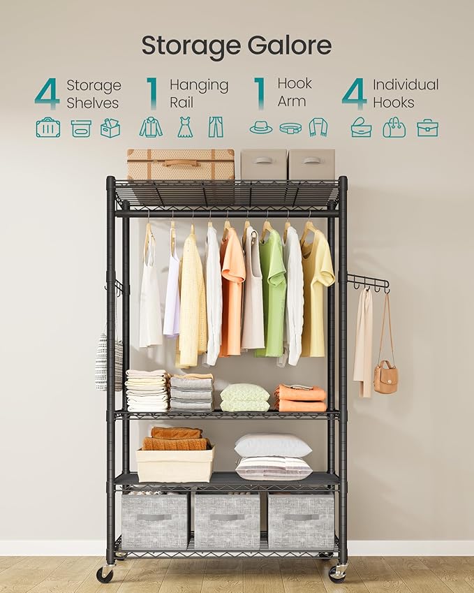 SONGMICS Heavy-Duty Rolling Clothes Rack, Garment Rack, Portable Closet on Wheels, with Adjustable Mesh Shelves and Hanging Rails, Hooks, 15.8 x 35.4 x 78.3 Inches, Ink Black ULGR418BH01
