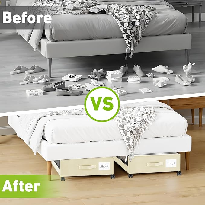 Under Bed Storage with Wheels, 4-Pack UnderBed Storage Containers with Clear Lids, Under Bed Shoe Storage Organizer, Rolling Under Bed Storage for Clothes Shoes Blankets (Beige)