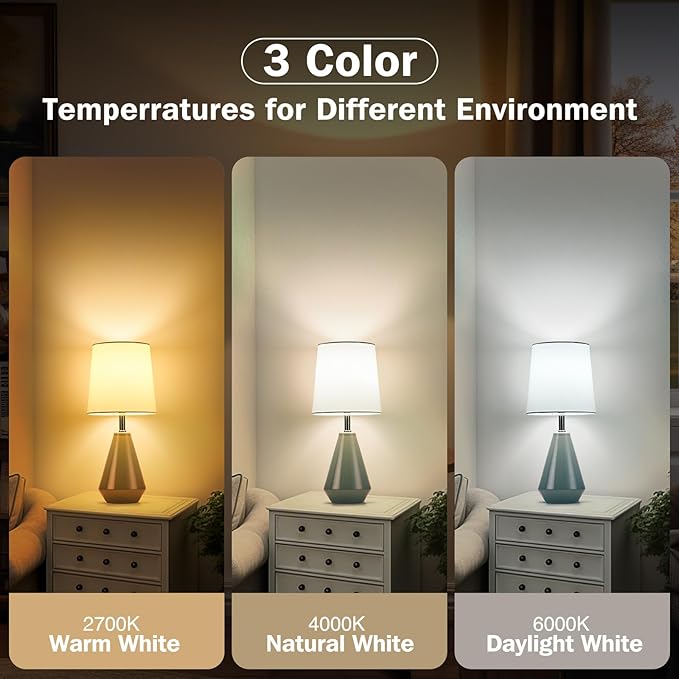 Small Bedside Table Lamp for Bedroom - Reading Desk Lamp with 3 Color Temperatures，15.5" Nightstand Ceramic Lamp with Fabric Shade for Kids Room,Living Room,Dorm,Home Office (Green+White)