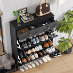 Shoe Cabinet with 2 Flip Drawers & 2 Drawers,Farmhouse Shoe Storage Cabinet for Entryway,Slim Freestanding Narrow Organizer Rack for Front Door Entrance,Black