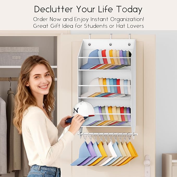 Over the Door Hat Rack - 3-Layer Design Hat Organizer Holds 30-36 Hats with 10 Hooks, Ideal Hat Rack for Door, Over the Door Organizer for Closet, Apartment, Bedroom, Dorm, 2 Pack, White