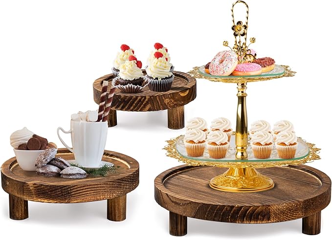 3PCS Wooden Risers for Display Wood Cake Stand for Party Round Food Risers for Buffet Wooden Holder Rustic Riser for Decor Tiered Tray Decor Home Kitchen(Rustic, 3 PCS (8”, 6”, 5”))