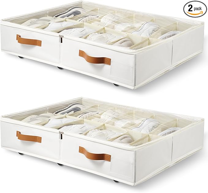 Under Bed Shoe Storage with Wheels 2 Pack, Holds 12 to 24 Pairs, Sturdy Shoe Organizer with Clear Lid, Zippers and 3 Handles, Foldable Fabric Shoe Organizer for Closet