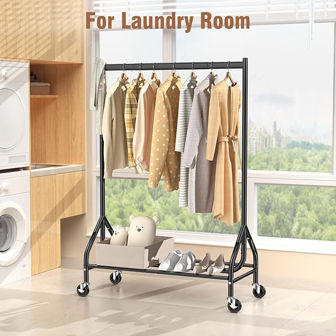 EAGMAK Heavy Duty Clothes Rack Load 420 LBS, Rolling Garment Rack with Lockable Wheels, Standing Metal Clothing Rack with Shelves, Portable Wardrobe Sturdy Coat Rack for Hanging Clothes (Black)