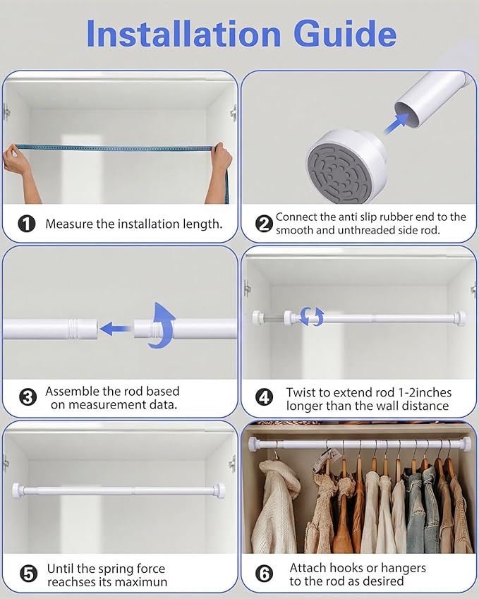 No Drilling Closet Rods for Hanging Clothes, Non Slip Tension Rod with Heavy Duty Clothes Hanging Rod, 17-69 Inches Adjustable Spring Closet Rod for Closet Wardrobe Bathroom Laundry RV, White