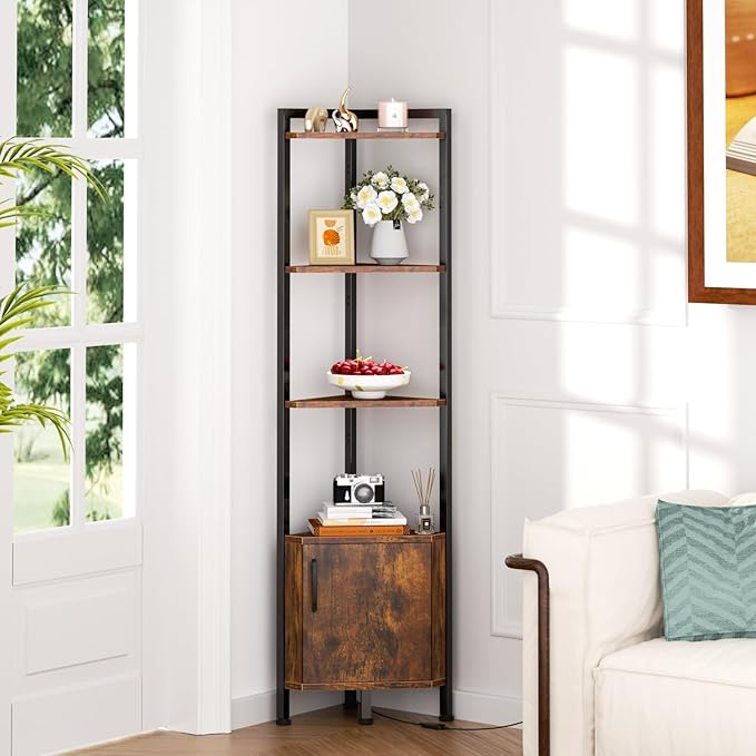 Furnulem Corner Shelf,5-Tier Corner Cabinet with Storage and LED Light, 62.8” Standing Display Bookshelf for Bedroom, Living Room, Kitchen, Wood Display Shelf (Rustic Brown)