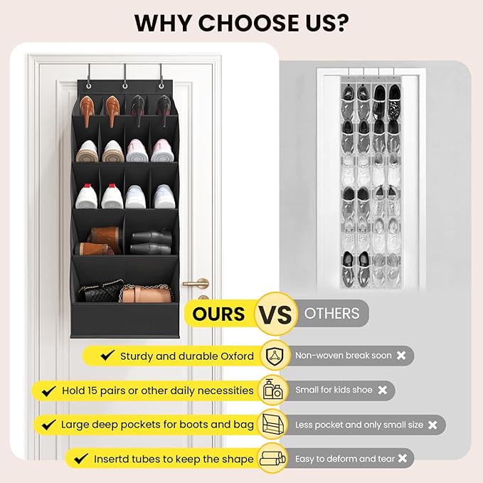 15 Pockets Over the Door Shoe Organizer, Shoe Rack for Closet Door with Large Breathable Pockets, Hanging Shoes Rack for Boots Size, Behind the Door Organizer Shoe Holder for Flexible Storage, Black