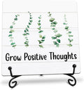 Grow Positive Thoughts Wooden Sign - 5" Inspirational Quotes Wooden Plaque With Metal Support - Greenery Rustic Tabletop Home, Office, Classroom Decor - Housewarming Gifts For Family & Friends - A03
