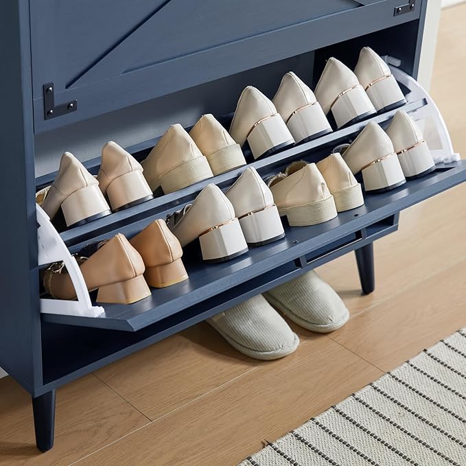 Shoe Storage Cabinet,Farmhouse Shoe Organizer with 2 Flip Drawers & Barn Door Design,Freestanding Hidden Slim Narrow Shoe Rack Cabinet for Entryway,Foyer,Hallway,Navy Blue