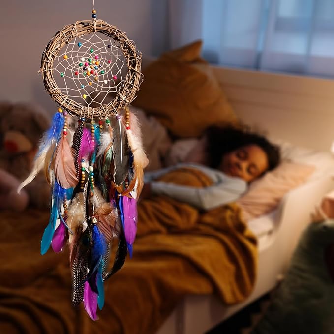 Dream Catcher Native American Boho Dreamcatcher Rattan Wall Decor, Handmade Natural Peacock Feathers Purple Colorful Beaded Hanging Ornament Indian Decor for Girls Bedroom(Purple Peacock Feather)