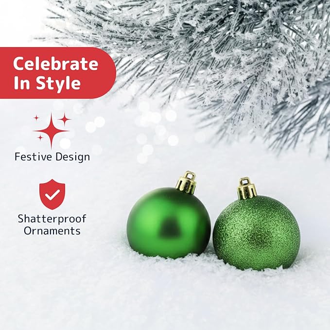 Prextex 36-Pieces Green Christmas Ornaments Set - Shatterproof, Festive Christmas Tree Balls Decorations in 3 Sizes and 6 Styles with Hanging Loops for Tree, Wreath, and Dazzling Holiday Party Decor
