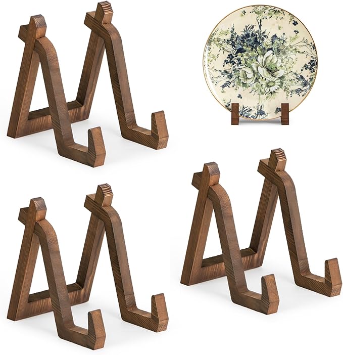 ANBOXIT Plate Display Stand, 3 Pack 8 Inch Plate Holder for Displaying, Decorative Picture Frame Dish Photo Plaque Platter Wood Stand