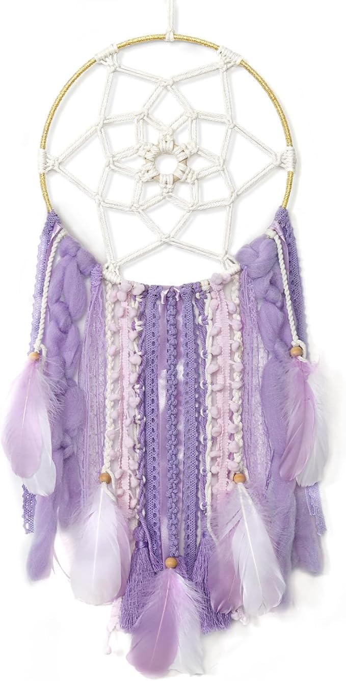 LOMOHOO Large Dream Catcher Handmade Feather Dreamcatcher, Traditional Dream Catchers with Woven Tassels Boho Wall Hanging for Girl Kids Bedroom Baby Room Home Decor Craft Ornament Gift (Purple)