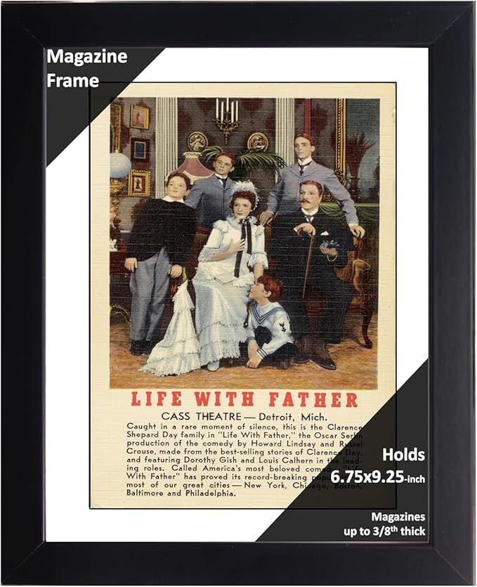 Creative Picture Frames 6.75 x 9.25 Magazine Theatre Show Frame with Full-Strength Glass, Holds Up To A 1/4" Thick Media with Installed Hangers for Easy Mounting, 8x12 Black Frame with White Mat