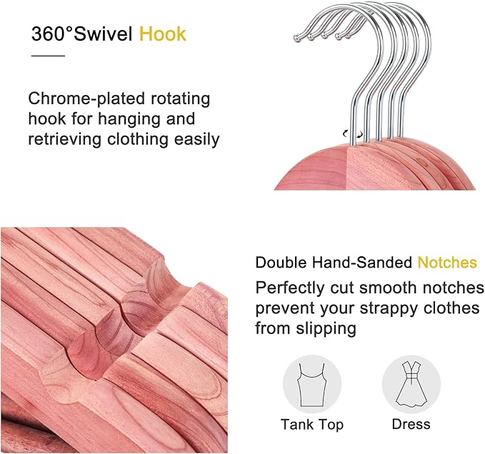 TOPIA HANGER American Red Cedar Wooden Hangers 30 Pack, Clothes Hangers for Closet, Wood Suit Hangers with Smooth Cut Notches, 360°Flexible Hook, Non-Slip Pants Bar(Natural)-CT07C30