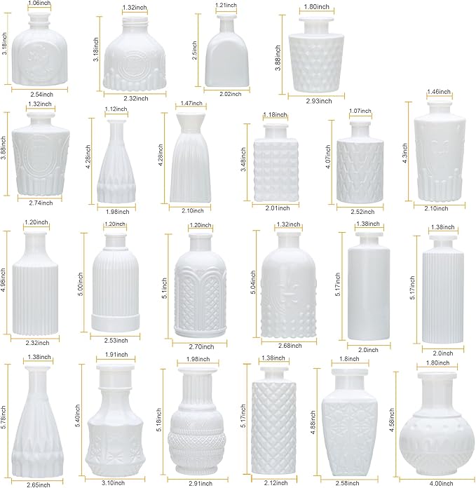 Brajttt Bud Vase Set of 25, White Vases, Glass Bud Vases in Bulk, Small Vases for Mini Flower Vase Set, Cute Vintage Glass Vases Set for Flower,Wedding,Home,Centerpiece Table Decorations