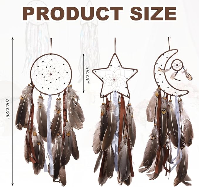 PATIKIL 28" Moon Sun Star Dream Catchers Set, Feather Handmade Dream Catchers Wall Hangings Art Decor for Home Wedding Bedroom Living Room Ornament,Brown