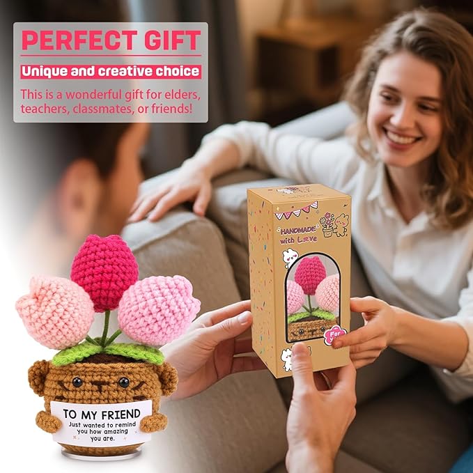 Positive Crochet Gifts for Women/Men, Tulip Flowers Emotional Support Thank You Gifts for Wife Husband, Friends Teachers with Thanks Card for Anniversary, Christmas, Birthday -to My Friend