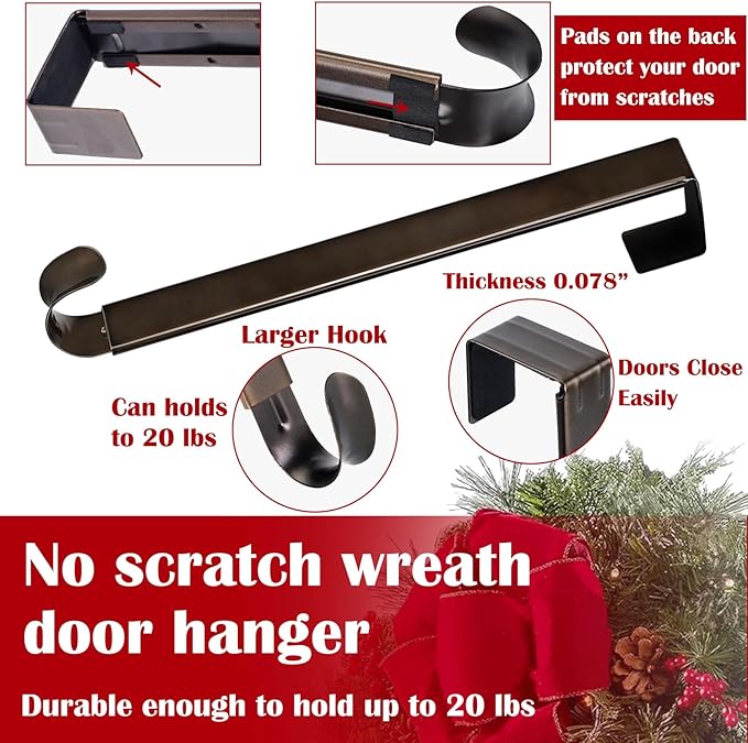 15"to 25" Wreath Door Hanger, Non Scratch Wreath Hangers for Front Door, Metal Door Wreath Hanger Hook Over the Door Hooks, Hanging Fall Easter Christmas Halloween Decor Welcome Sign- Hold Up to 20lbs
