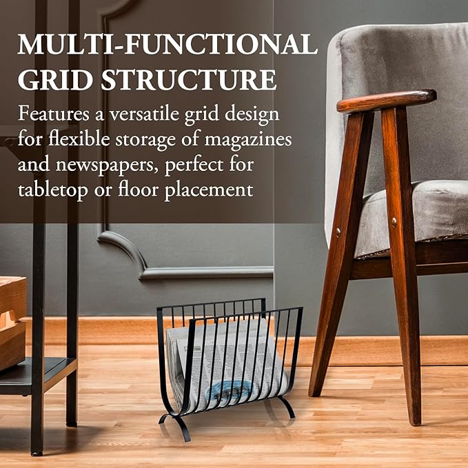MyGift Matte Black Metal Magazine Rack, Deluxe Mid Century Wire Magazine Rack, Tabletop or Floor Standing Sling Basket for Magazines and Newspapers