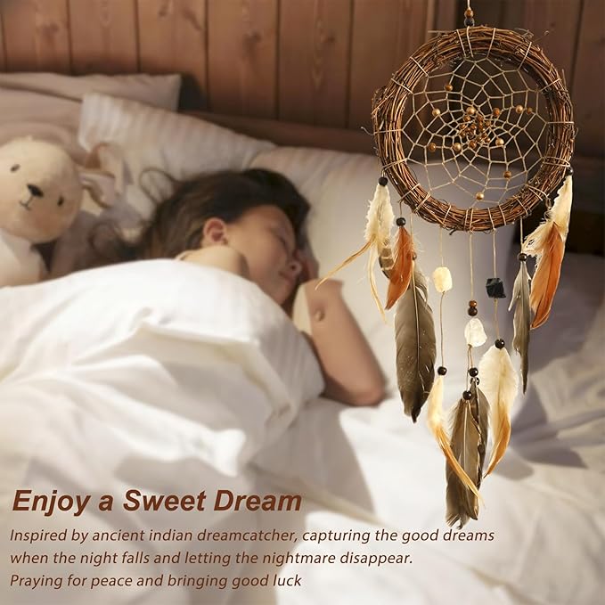 Dream Catcher Native American Boho Dreamcatcher Rattan Wall Decor, Handmade Natural Healing Crystal Stones Feathers Hanging Ornament Indian Decor for Bedroom Living Room
