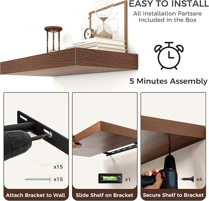Venusmiles Floating Shelves for Wall, 72 Inch Wide x 12 Inch Deep Floating Shelves, Long Wood Floating Wall Shelf Shelves for Living Room Bathroom Bedroom Kitchen Home - (Walnut, 72" W x 12" D x 2" H)