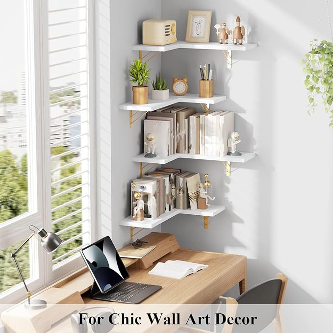 Love-KANKEI Corner Shelf Wall Mounted,Floating Wall Shelves for Storage,Rustic Wood Hanging Shelves for Display,Bedroom Bathroom Living Room Kitchen,Set of 4,White