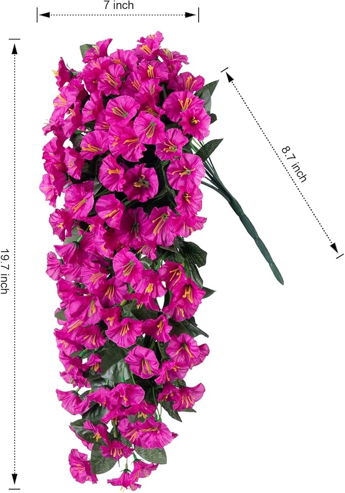 HyeFlora Artificial Fake Hanging Flowers Plants for Outdoor Outside Decoration, 2PCS Faux Silk UV Resistant Look Real Fuchsia Morning Glory Trailing Vines for Home Planter Porch Patio