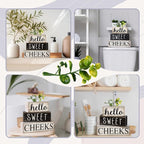 Moucuny 4 Pcs Bathroom Shelf Decor Hello Sweet Cheeks Sign Farmhouse Bathroom Decor and Accessories Rustic Eucalyptus Leaves Wood Block Sign Gift Sweet Home Table Centerpiece for Home Office
