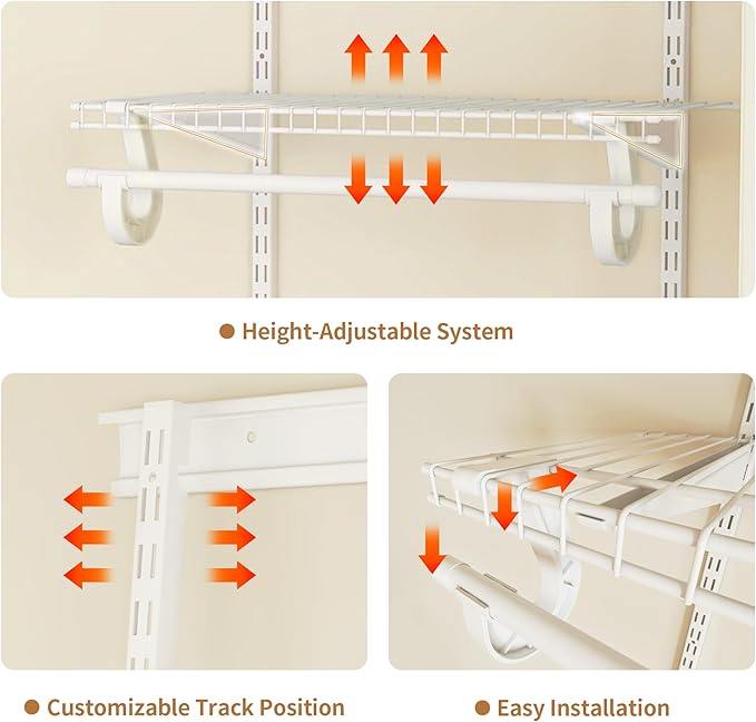 2-4 Ft. Expandable Closet Organizer System Kit, White Custom Metal Wire Shelving, Organization and Storage Shelves Wall Mounted with Hanging Rods