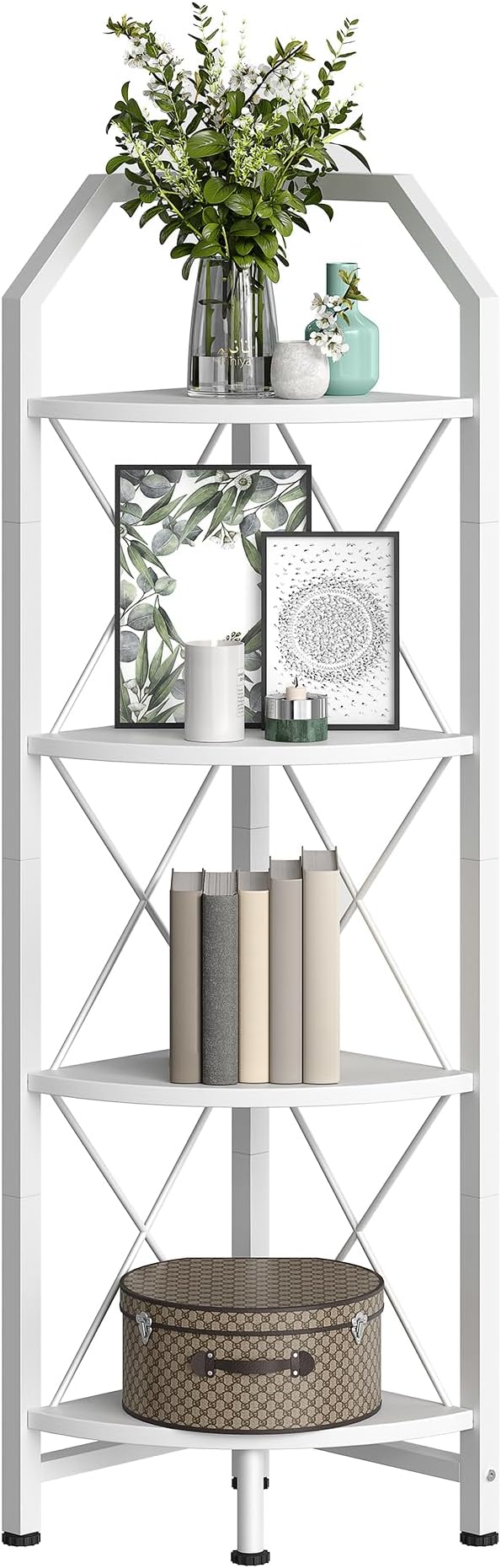 CHOEZON 4-Tier Corner Shelf, Industrial Corner Bookshelf, 47.6" Corner Storage Stand, Plant Stand Display Shelf, Corner Bookcase for Bedroom, Living Room, Home Office, White TCJ09WB