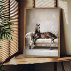 Framed Funny Horse Canvas Wall Art, Vintage Western Brown Horse On Sofa Pictures Wall Decor, Rustic Farmhouse Animal Paintings Prints for Living Room Bedroom Office Dorm 16x24 inch