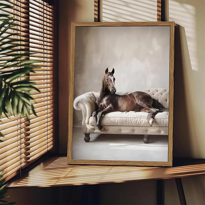 Framed Funny Horse Canvas Wall Art, Vintage Western Brown Horse On Sofa Pictures Wall Decor, Rustic Farmhouse Animal Paintings Prints for Living Room Bedroom Office Dorm 16x24 inch
