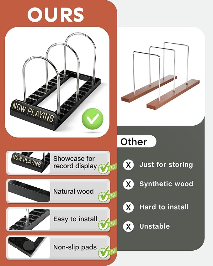 BS-VOG Now Playing Vinyl Record Stand, 50 LP Vinyl Record Storage with Non-slip Grooves, Wood Now Spinning Vinyl Record Holder for Albums Magazine Rack Magazine Organizer Record Display, Gift Package