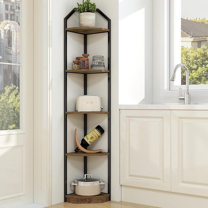 5 Tier Corner Wall Shelf Stand, 70" Metal Corner Shelves Bookshelf Display Shelf for Living Room Decor, Tall Plant Stand Multi Unit Organizer, Standing Shelf for Bedroom,Bathroom,Small Space (Brown)