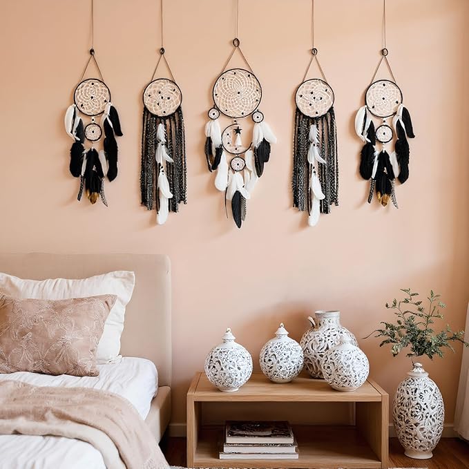 Dream Catcher Wall Decor,Large Boho Dream Catcher with Luxurious Feathers & Beads, Handmade Wall Hanging for Bedroom,Living Room, Gift Ready for Girls & Adults (Black-Blue)