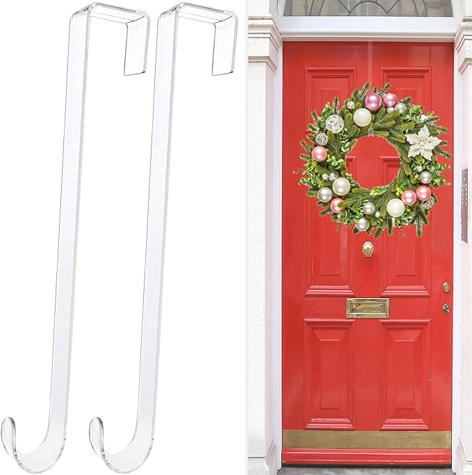 Clear Wreath Hanger Hooks, 15 in, 2 Pack Non Scratch Over The Door Hooks, Fall Halloween Christmas Decorations Indoor Outdoor, Welcome Sign for Front Door Decor