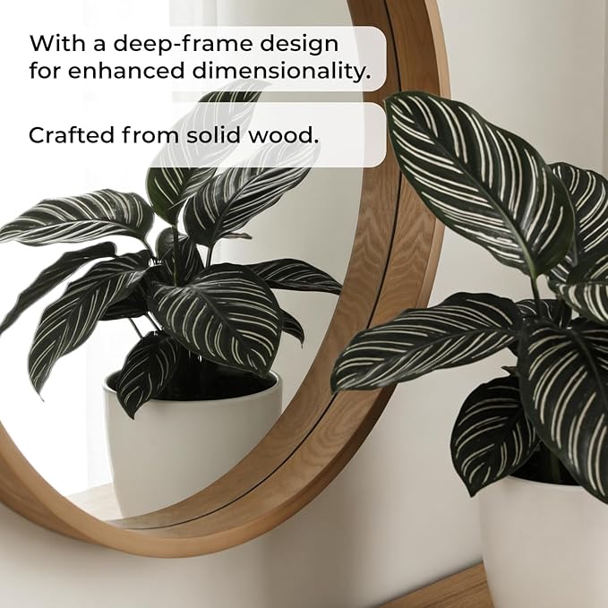 WallBeyond 24 Inch Natural Round Wood Mirror, Circle Wooden Frame Wall Mirror for Bathroom, Living Room, Bedroom, Entryway