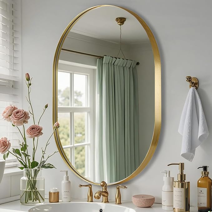 Gold Oval Mirror, 26"x38" Oval Bathroom Mirror, Brushed Gold Mirror with Aluminium Alloy Frame, Anti-Rust, Tempered Glass