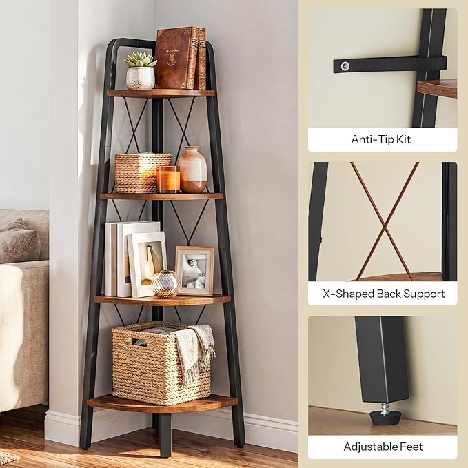 HOOBRO Corner Shelf, 4-Tier Corner Shelf Stand, 53.5" Tall Ladder Bookshelf, Industrial Corner Display Shelf Plant Stand for Living Room, Kitchen, Home Office, Rustic Brown BF144CJ01